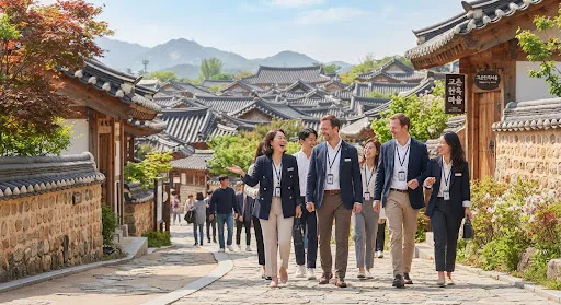 Package tour group in a hanok village